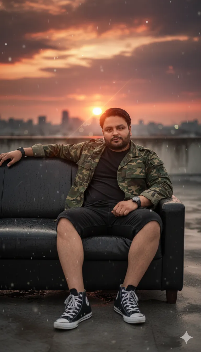 AI Prompt 100 A cinematic, hyper-realistic portrait of a confident young man sitting