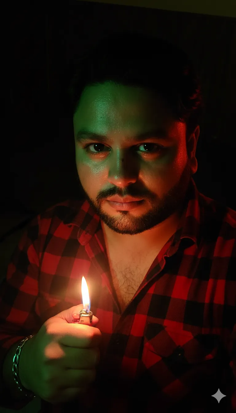 AI Prompt 104 Low from the lighter flame illuminating his ace