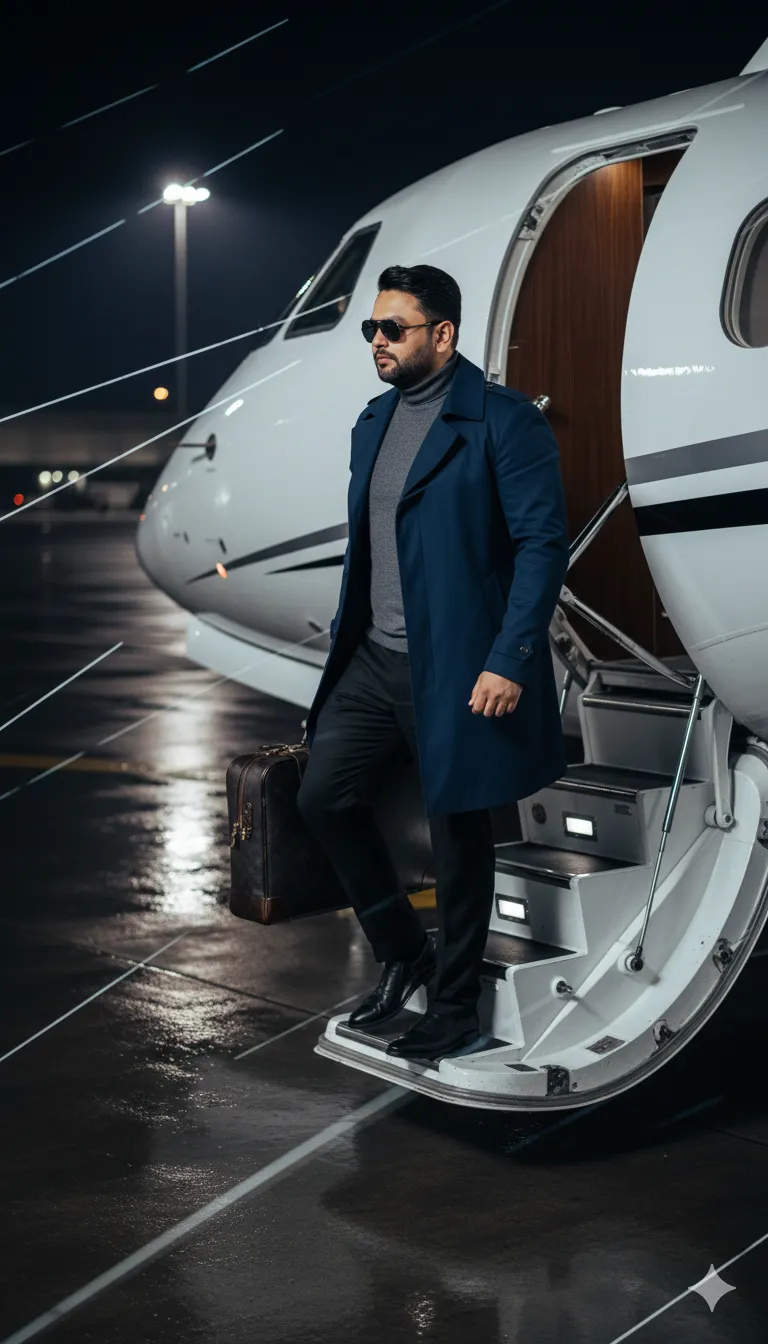 AI Prompt 109 Captured mid-step on the staircase of a sleek private jet