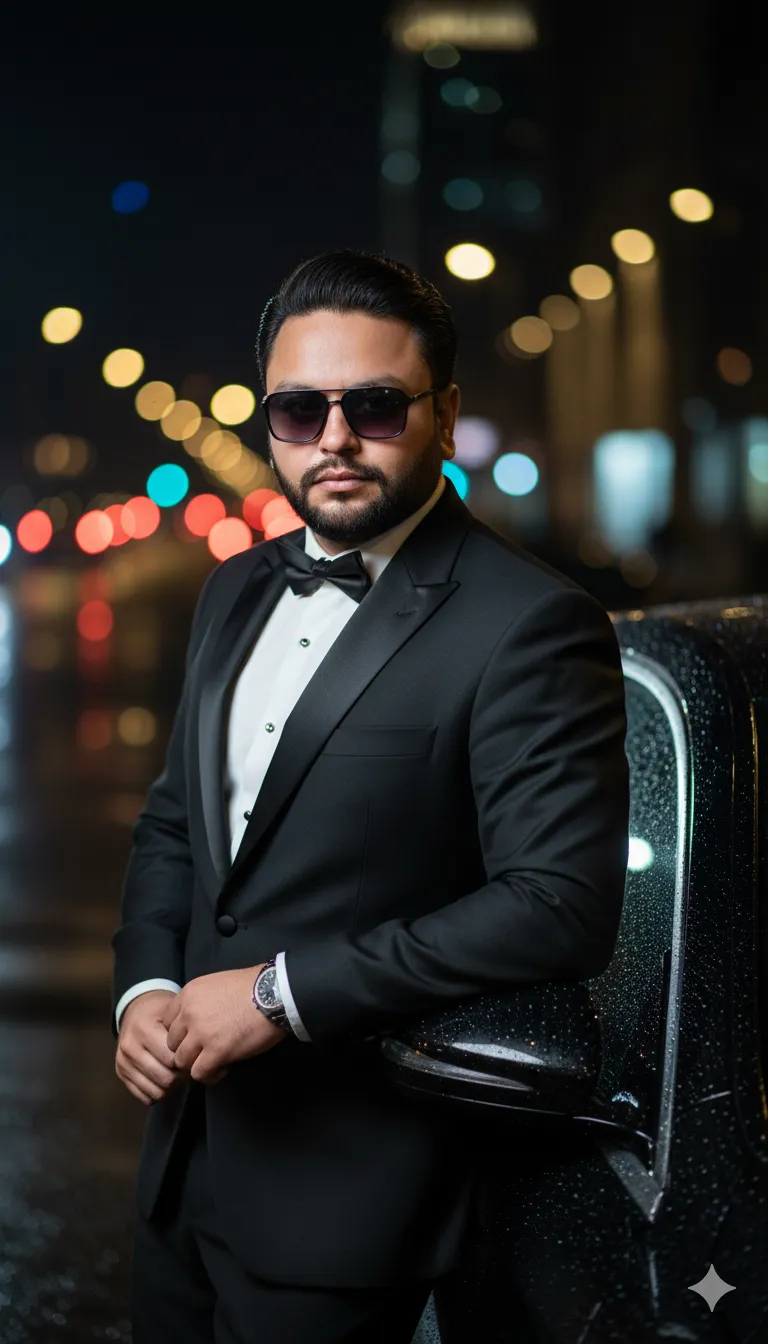 Rana Zeeshan Ahmad Founder & CEO For ITWORLD's AI Prompt 110 stylish black sunglasses, exuding a sense of mystery and elegance