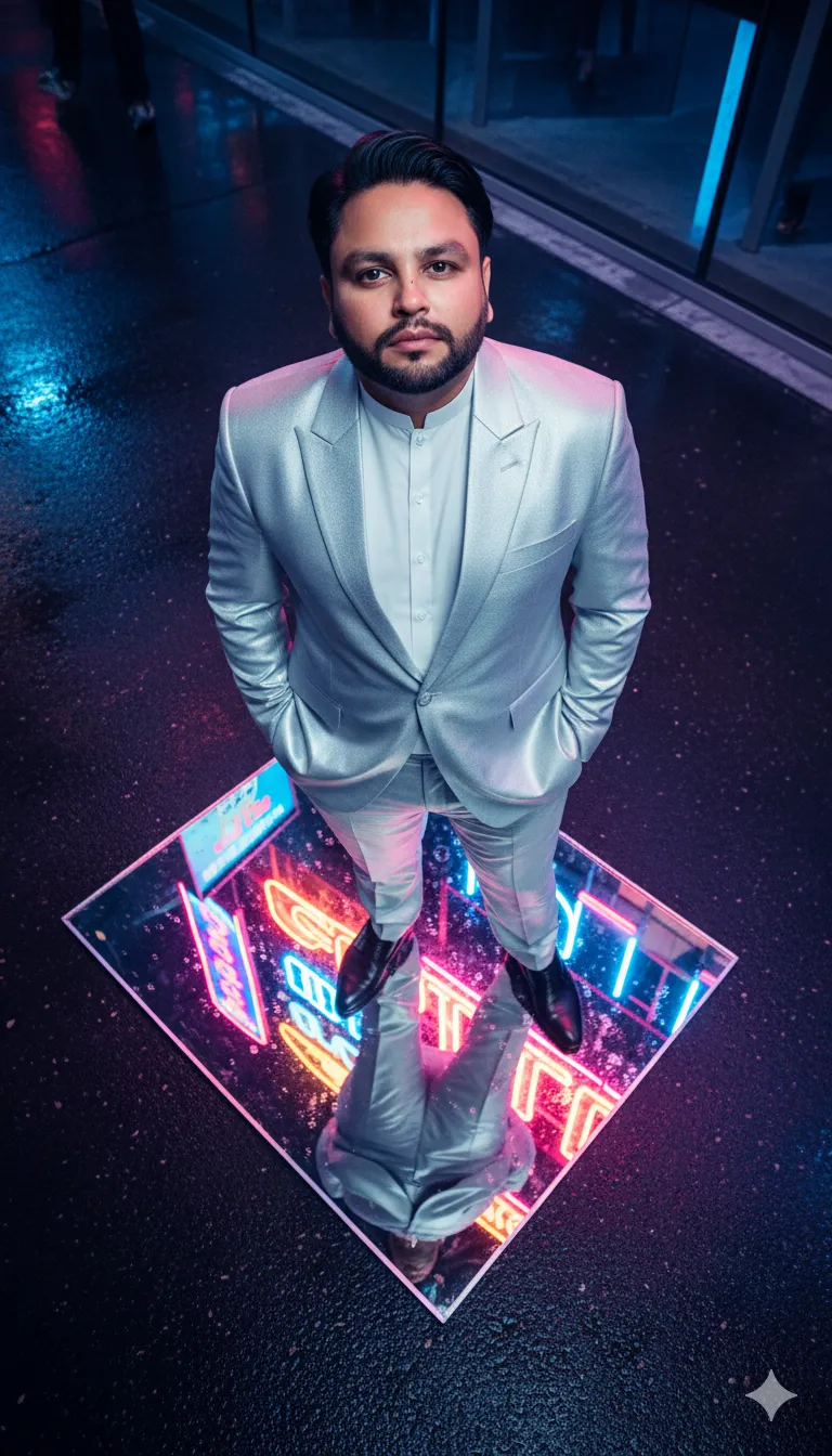 Rana Zeeshan Ahmad Founder & CEO For ITWORLD's AI Prompt 114 A luxury fashion editorial overhead shot taken at night
