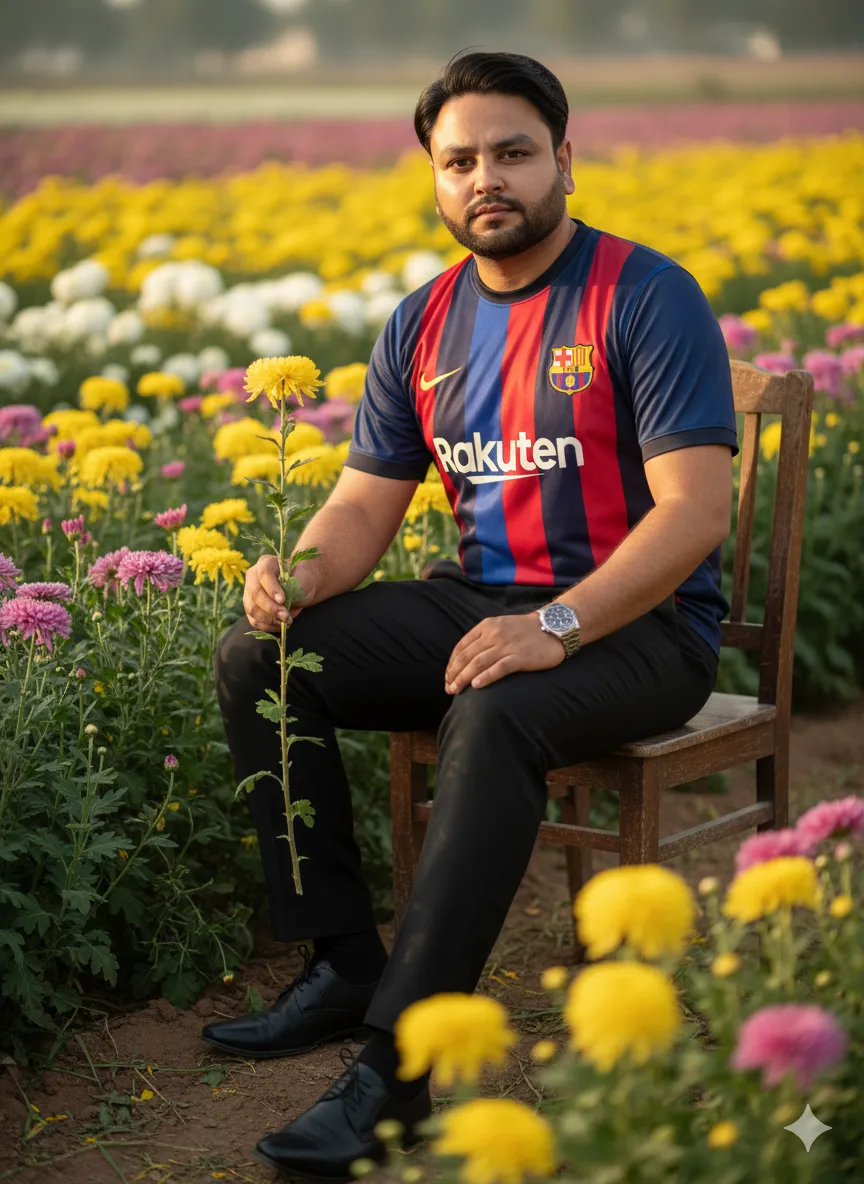 AI Prompt 12 The man sits informally on a rural wooden chair placed in the Marj