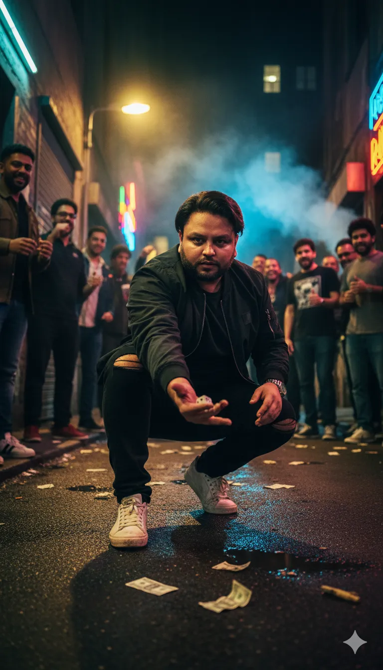 AI Prompt 124 Depict the subject as a charismatic back-alley gambler in a gritty