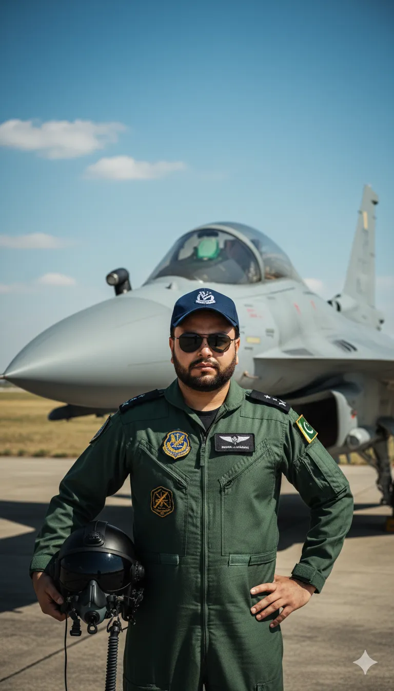 AI Prompt 125 A hyper-realistic, cinematic-style portrait of a confident Pakistani Air Force