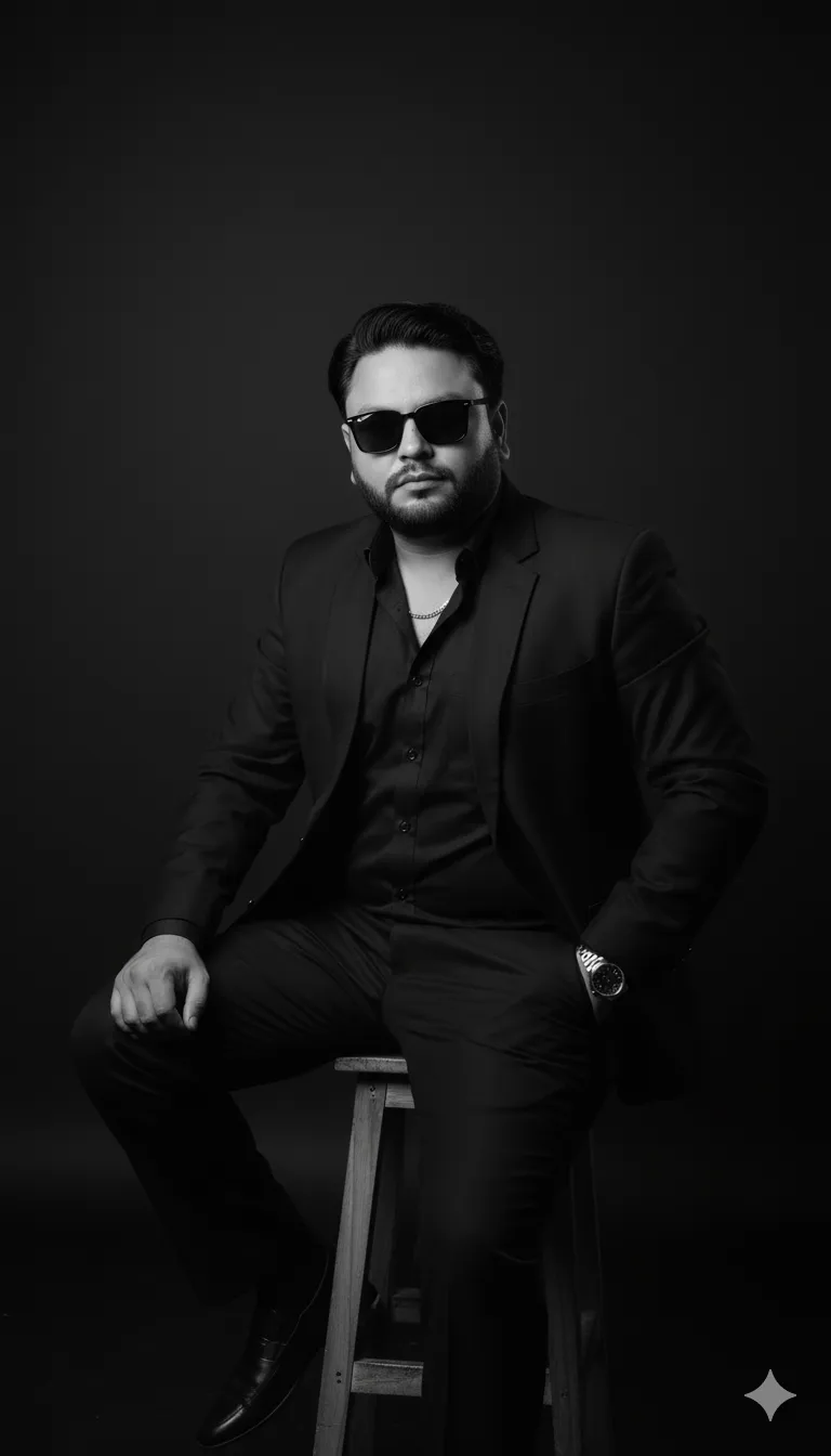 AI Prompt 129 Black and white portrait of a confident man sitting