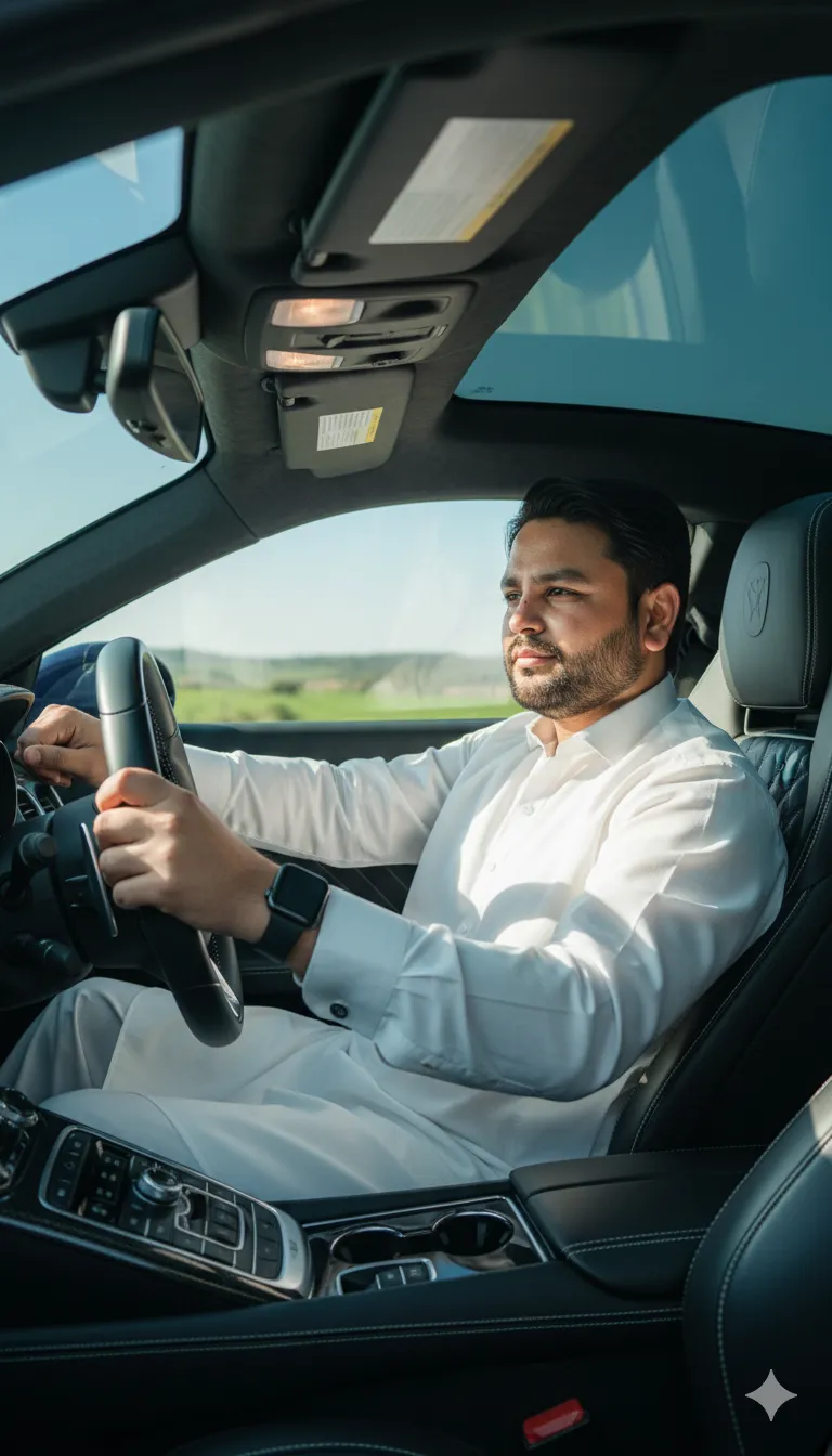 AI Prompt 135 A hyper-realistic cinernatic photo of a young man driving a luxury car