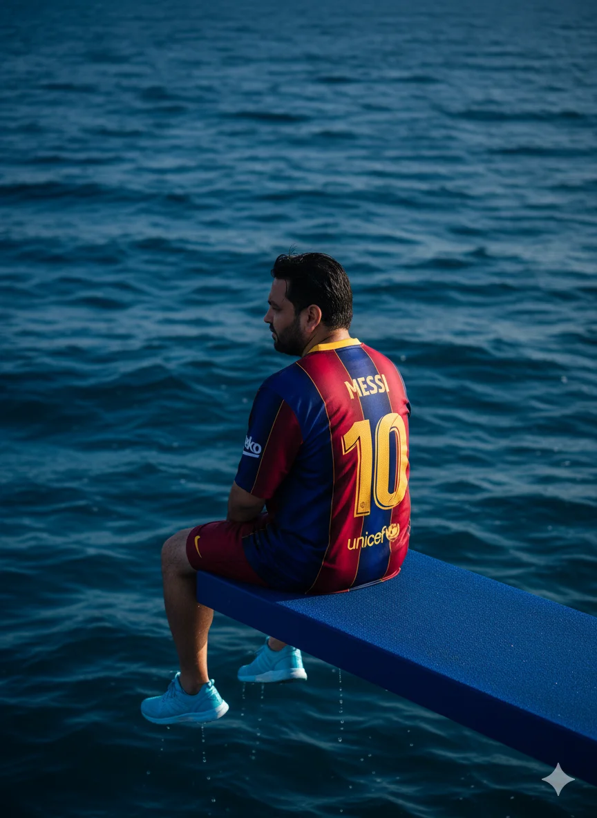 AI Prompt 14 single character who sits effectively on the deep blue diving plate with fluctuating waves