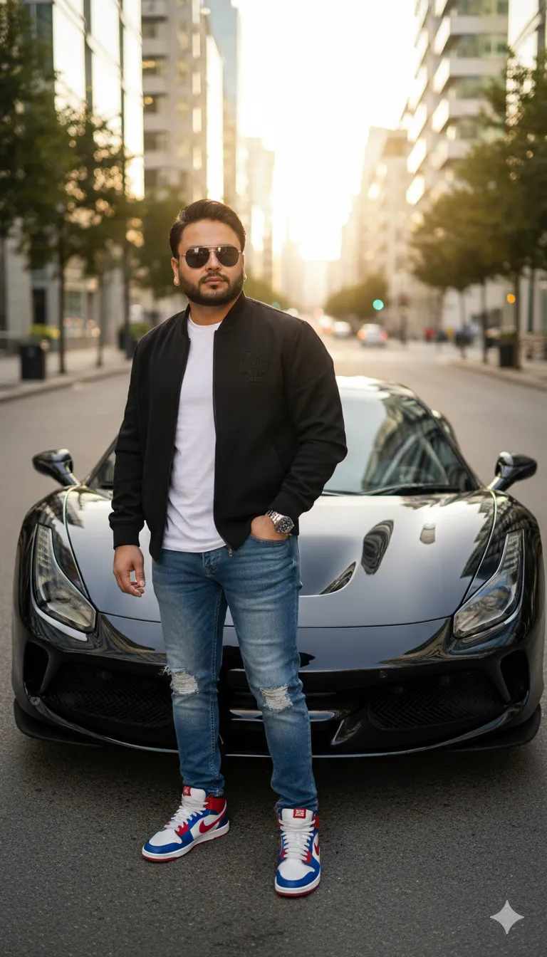 AI Prompt 142 A confident young man standing in front of a sleek black luxury sports car