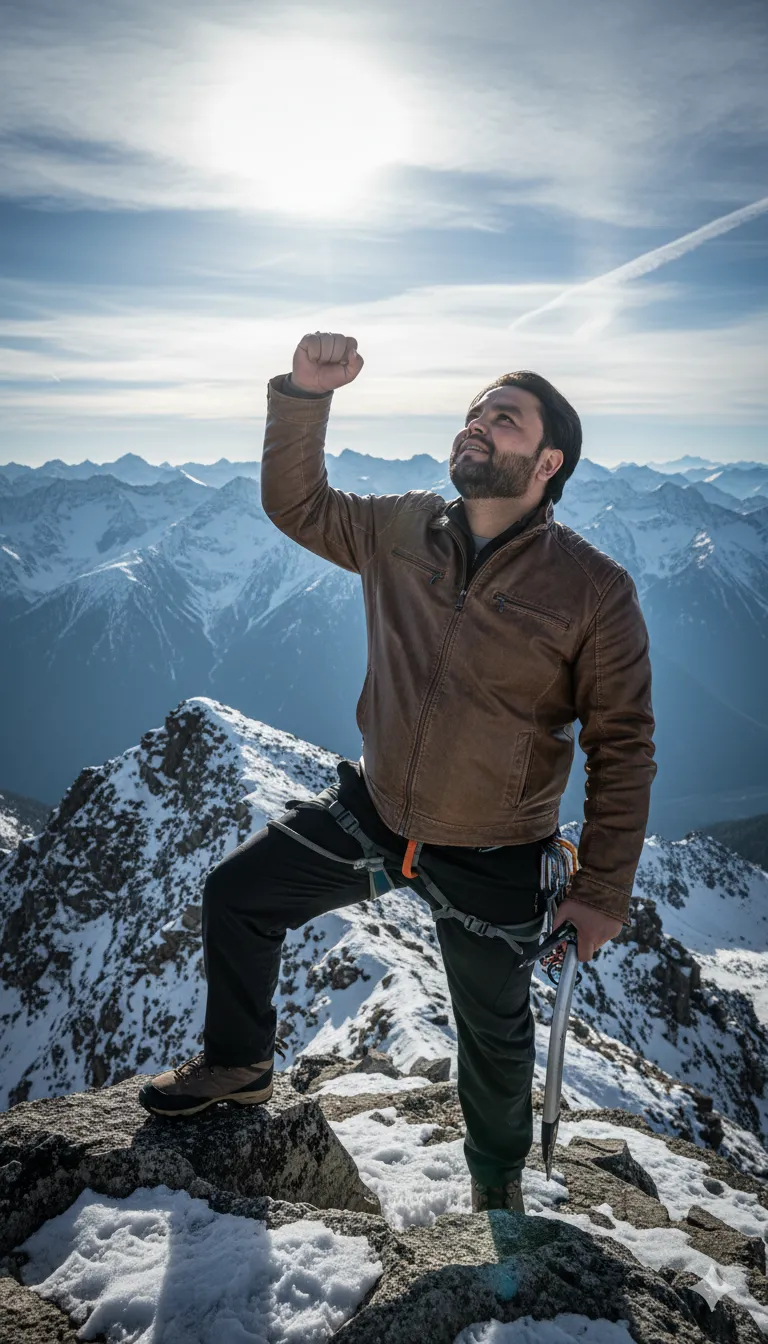 AI Prompt 148 Professional photo of a young Pakistani male, mountain climbing pose