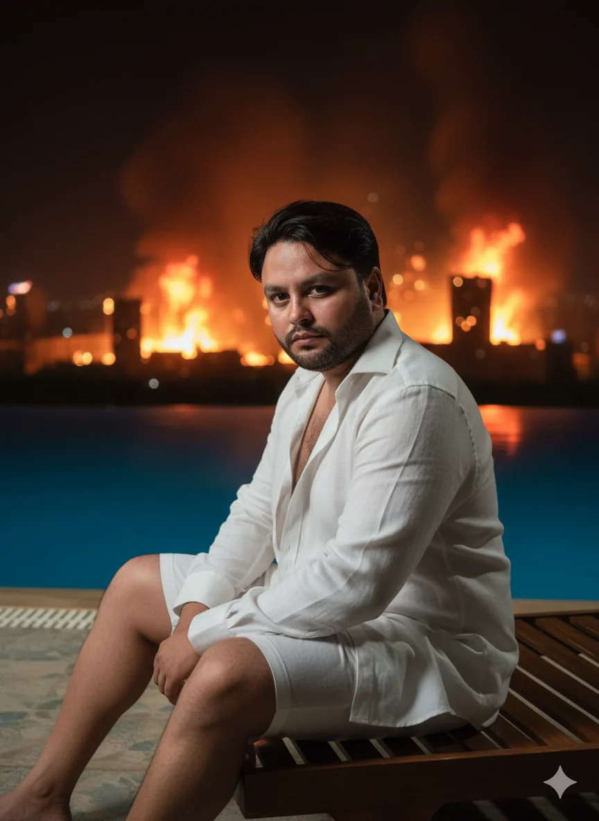 AI Prompt 15 Take a picture of me sitting on a wooden chair by the pool