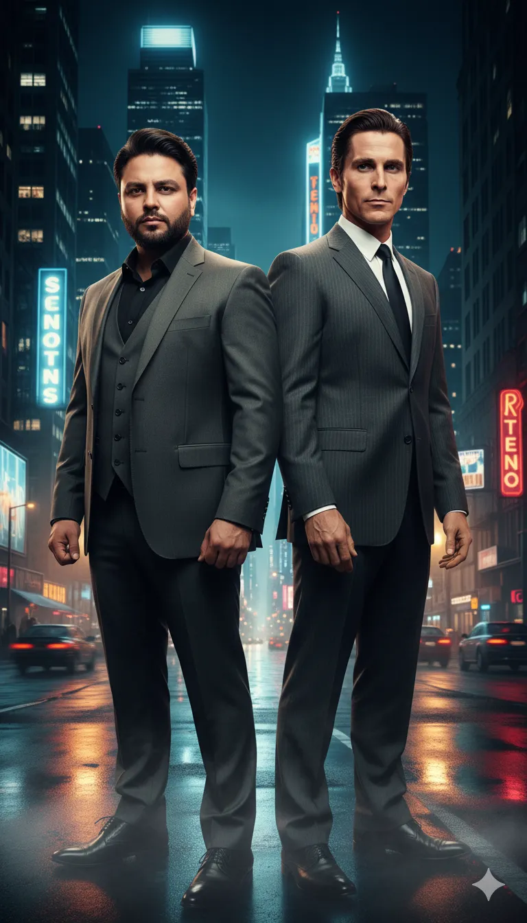 AI Prompt 159 Hyper-realistic, cinematic shot of you standing side-by-side with Patrick Bateman