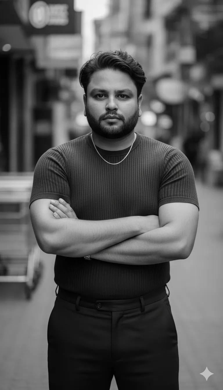 AI Prompt 165 A cinernatic black-and-white editorial portrait of a stylish man