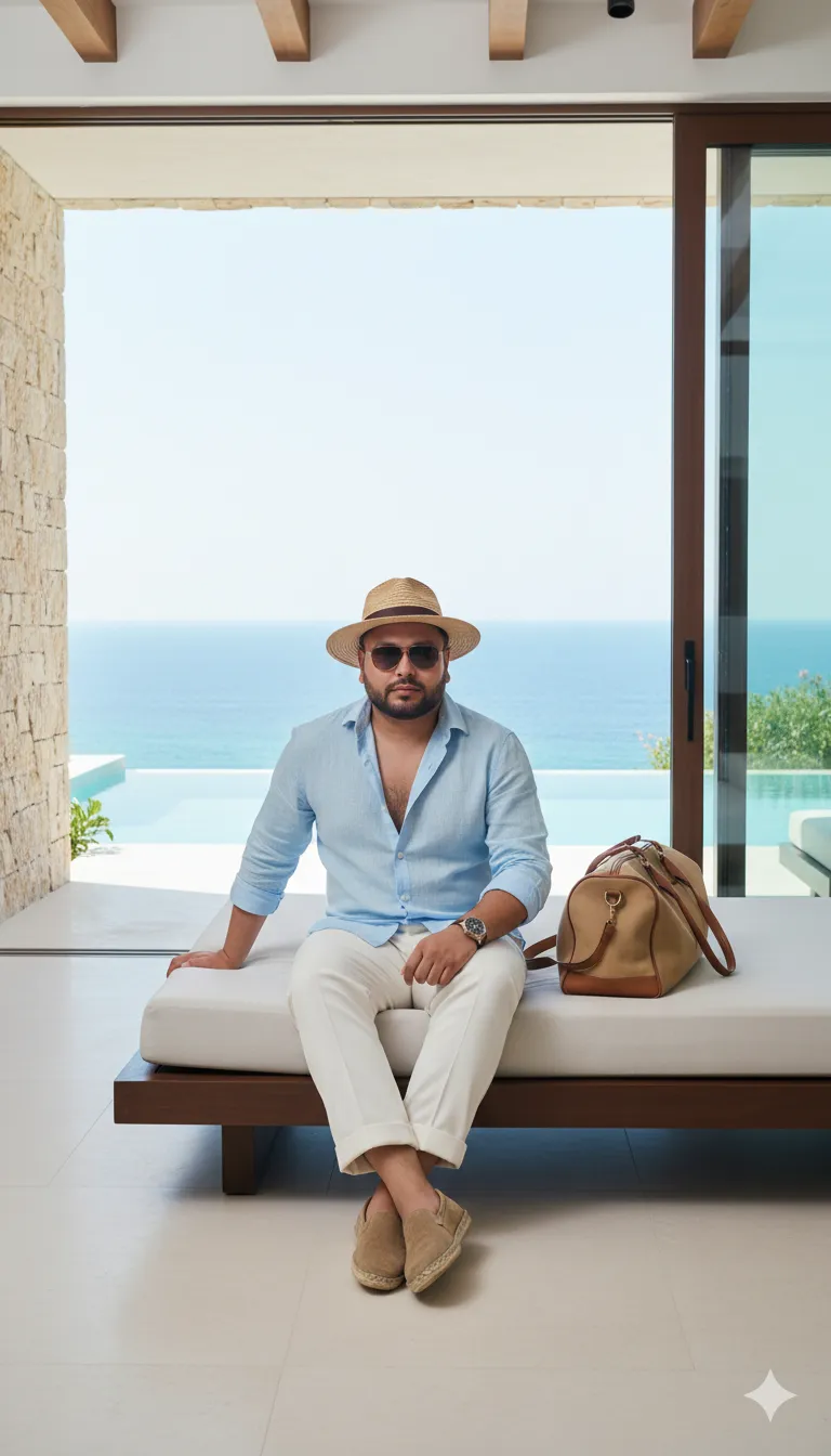 AI Prompt 166 The man lounges on a sleek outdoor daybed at a luxurious Mediterranean