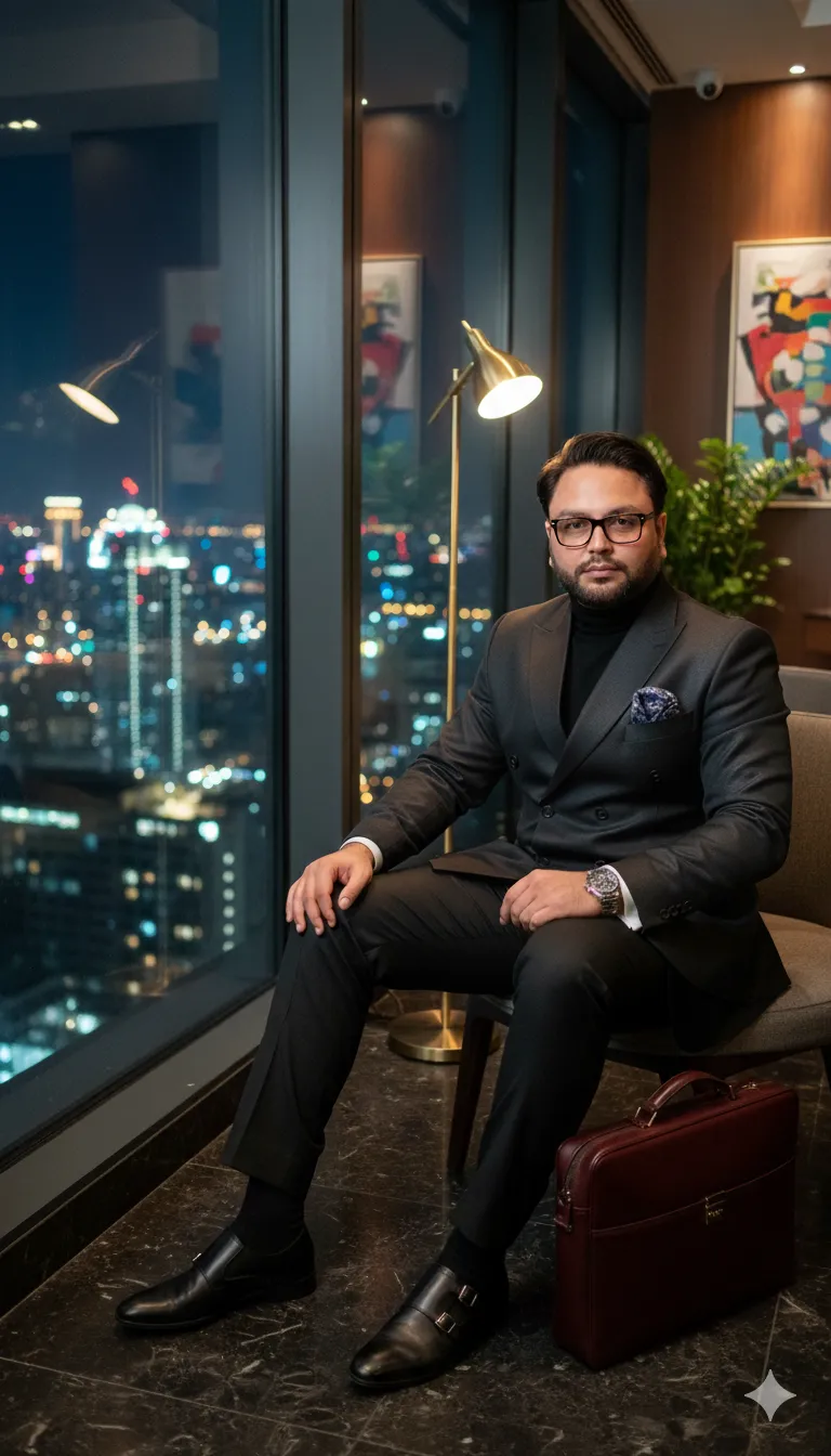 AI Prompt 167 A fashion-forward man in an ultra-modern glass penthouse overlooking