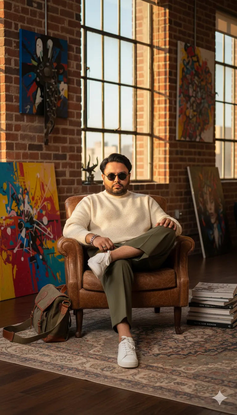 AI Prompt 168 A fashion-forward man seated casually on a vintage leather armchair