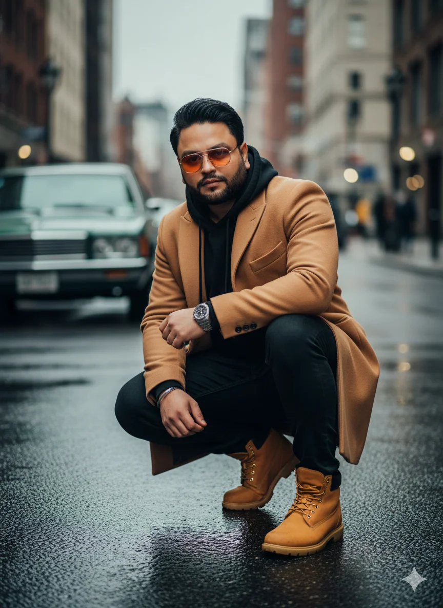 AI Prompt 18 A professional street style fashion photograph of a handsome