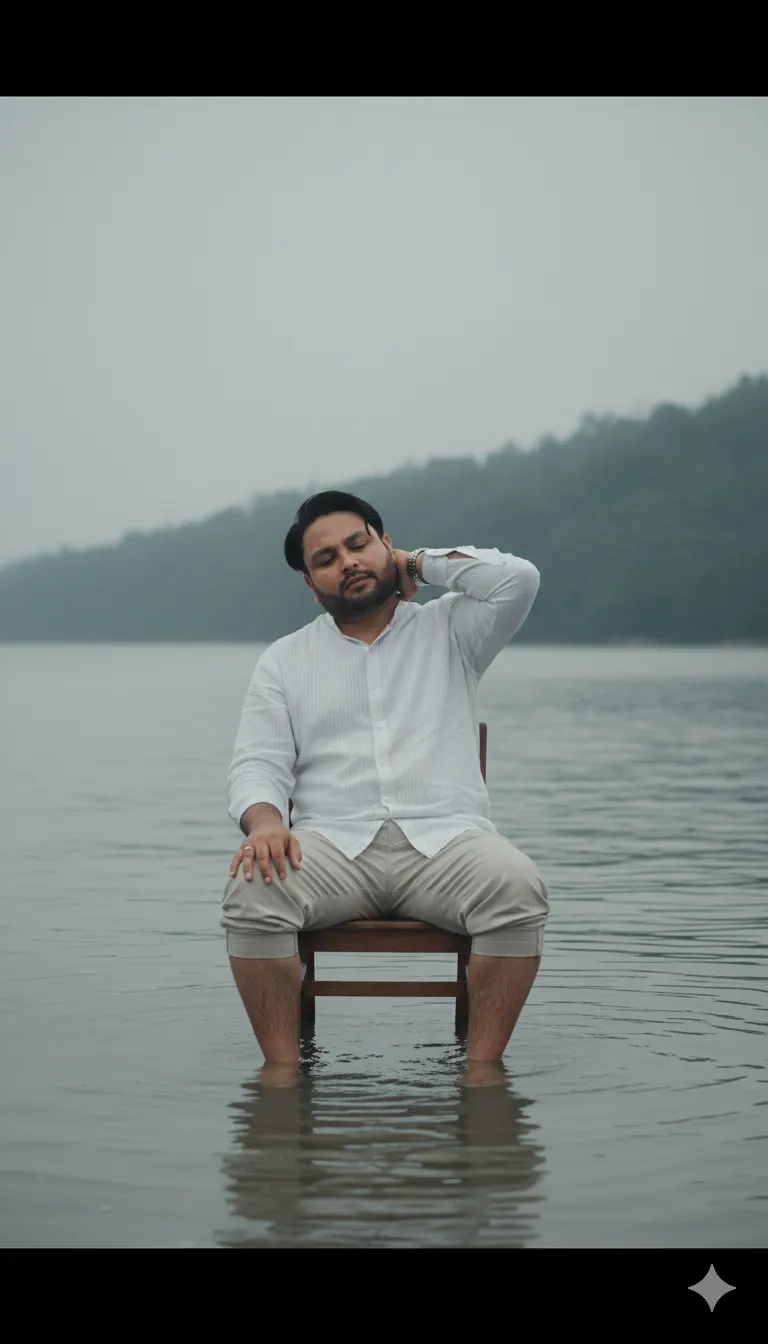 AI Prompt 182 contemplative man sits barefoot on a half-submerged chair in shallow ocean water