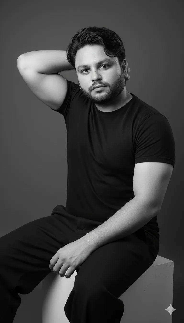 AI Prompt 189 A high-resolution, black-and-white professional studio portrait of a young man