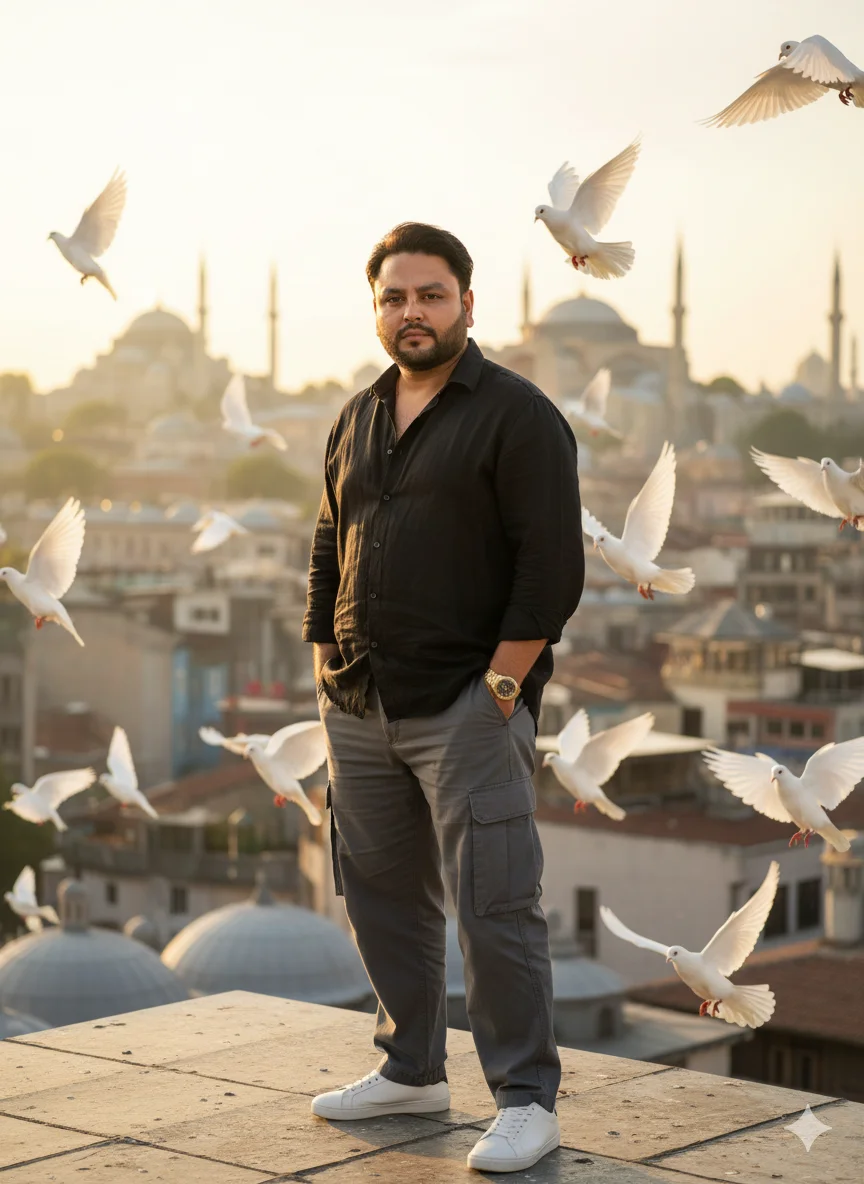 AI Prompt 19 Create a stunning edit of me in Turkey, and 4k HD Istanbul, standing on a rooftop.
