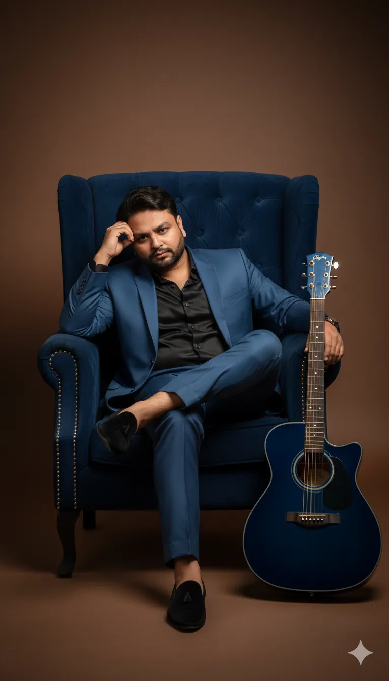 AI Prompt 191 A hyper-realistic cinematic indoor fashion portrait of a stylish young Indian man (use reference face, slim body shape, height 5'11