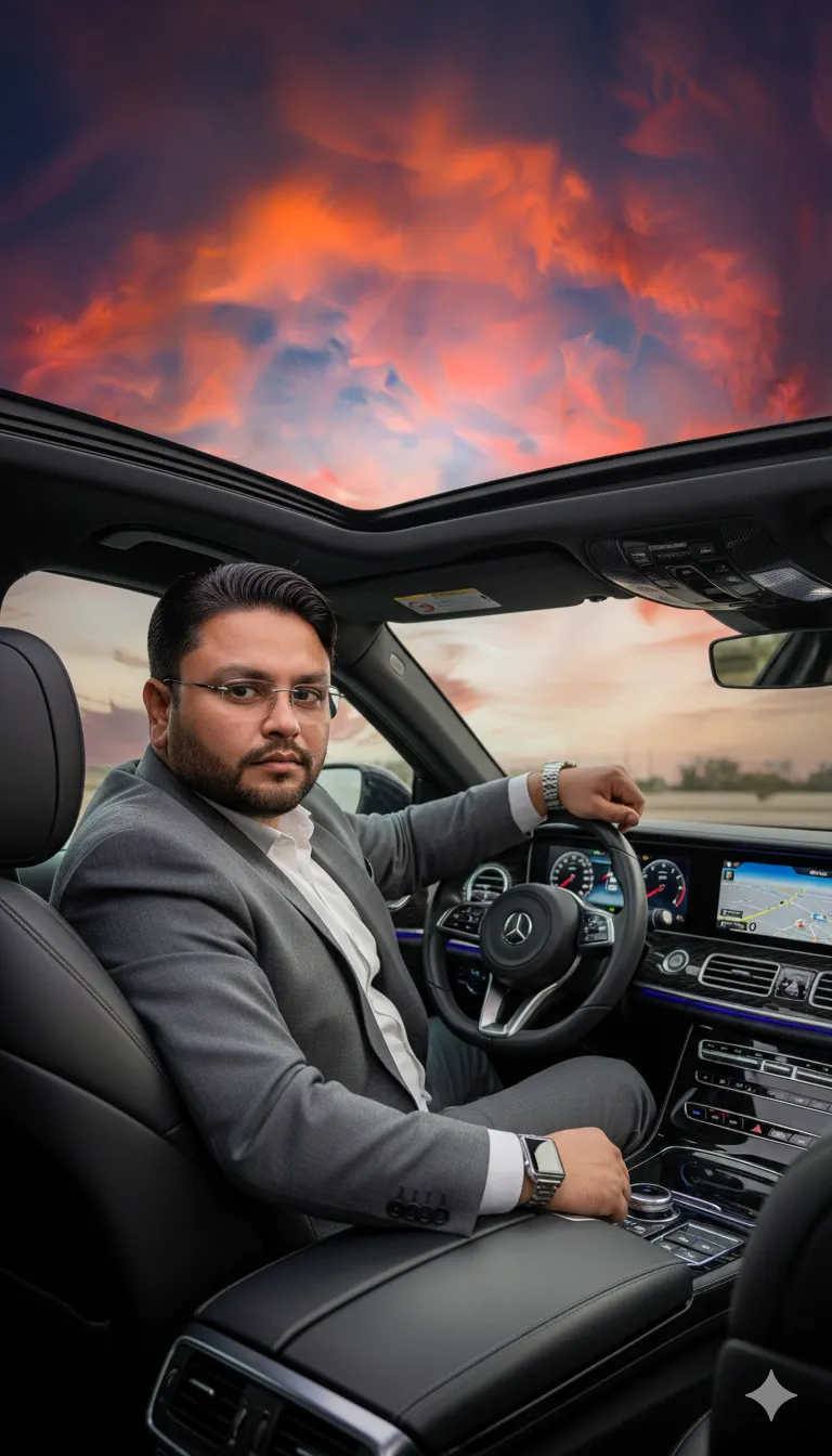 Rana Zeeshan Ahmad Founder & CEO For ITWORLD's AI Prompt 192 A man sat in the driver's seat of a luxury and sophisticated car