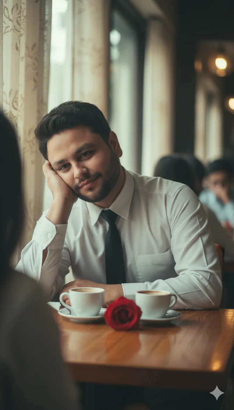 AI Prompt 193 A SOFT, CINEMATIC PHOTO OF A 21 YEARS OLD YOUNG MAN IS SITTING IN A COFE