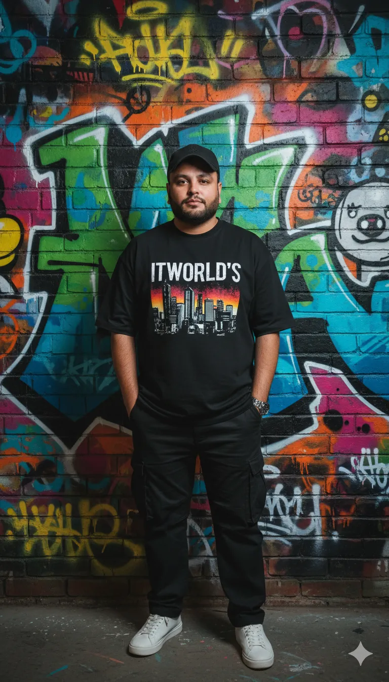 AI Prompt 194 A young man stands confidently in front of a textured brick