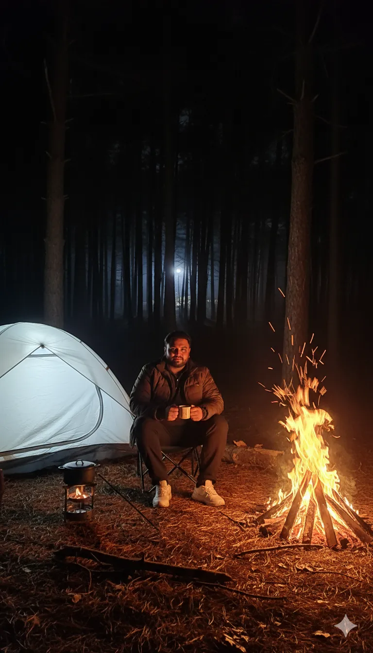 AI Prompt 196 Create a photo showing a quiet night camping atmosphere in the forest