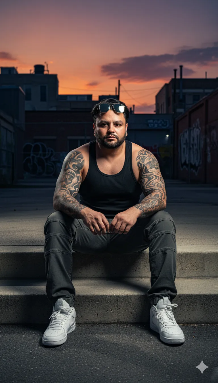 AI Prompt 197 A hyper-realistic urban night portrait of a stylish young man sitting