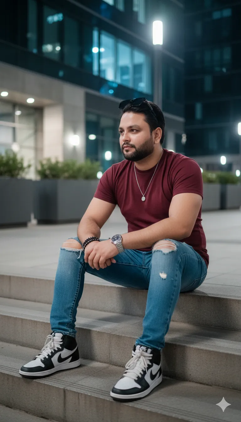 AI Prompt 199 A hyper-realistic urban night portrait of a stylish young man sitting