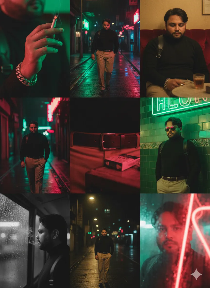 AI Prompt 2 Here's a Wong Kar Wai-inspired 3x3 photo grid, featuring the character in various neon-lit urban nightscapes