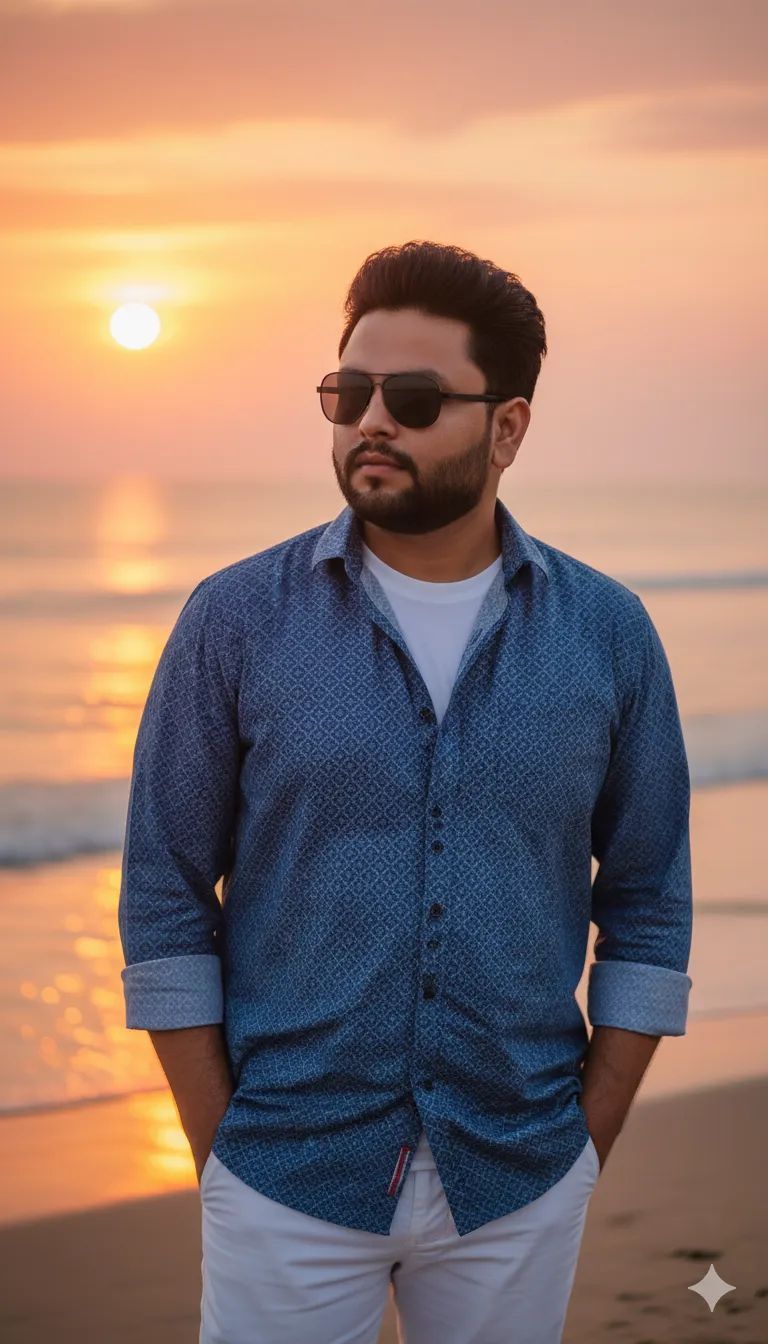 AI Prompt 200 A stylish young man standing confidently on a beach during sunsel.