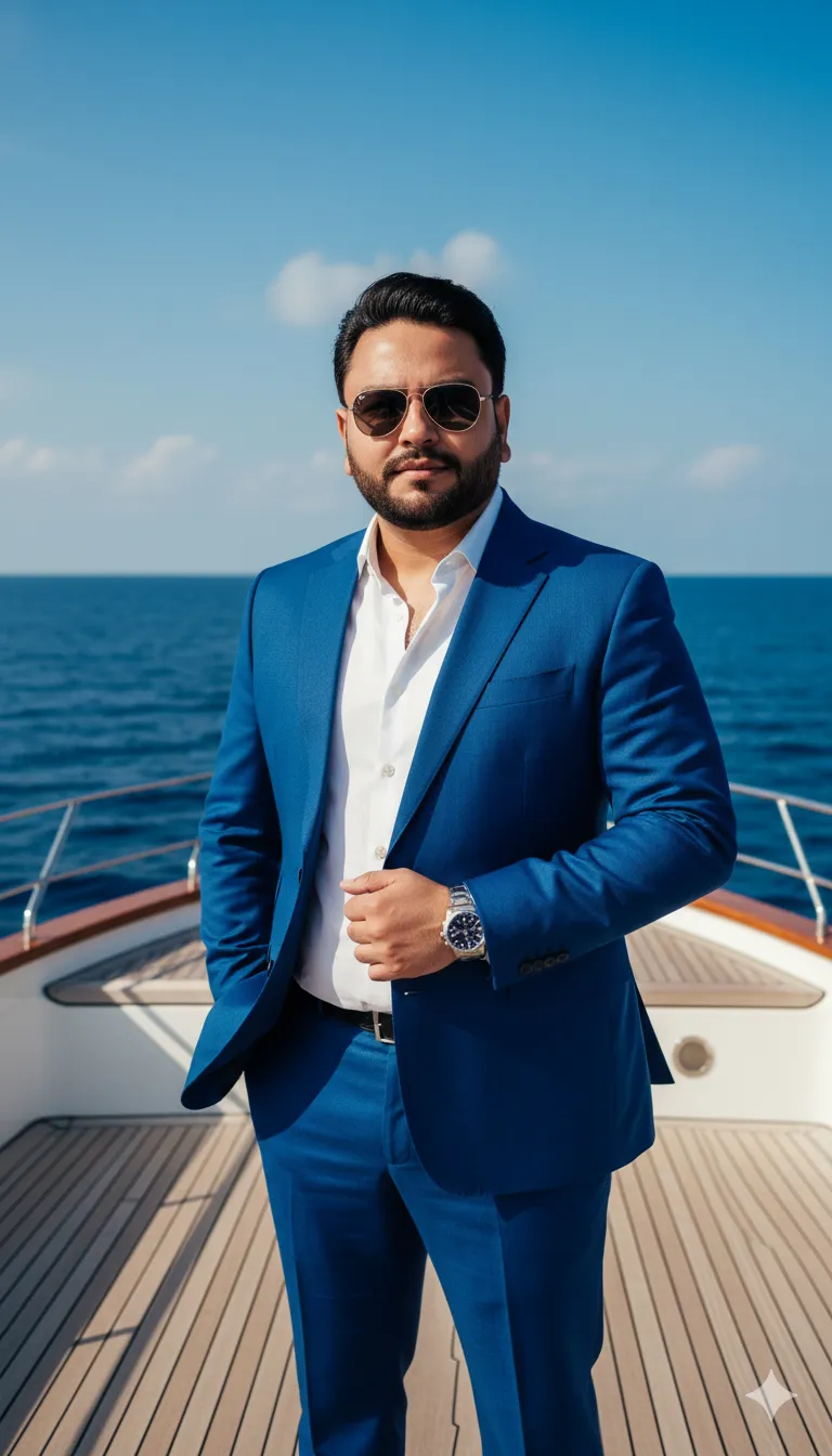 Rana Zeeshan Ahmad Founder & CEO For ITWORLD's AI Prompt 205 A stylish man in a royal-blue linen suit with a crisp white shirt