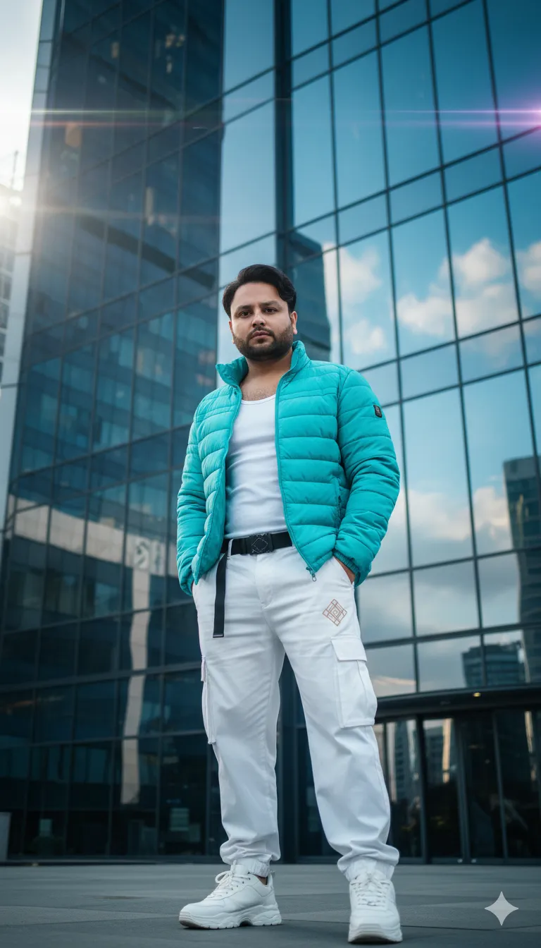 AI Prompt 217 A stylish young man standing confidently in front of a modern glass