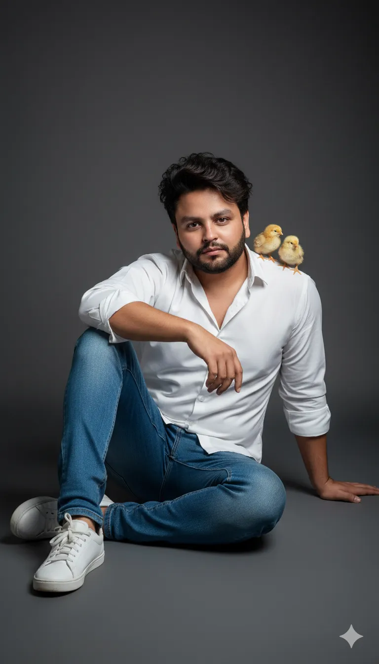 AI Prompt 224 A stylish young man with messy voluminous hair, trimmed beard