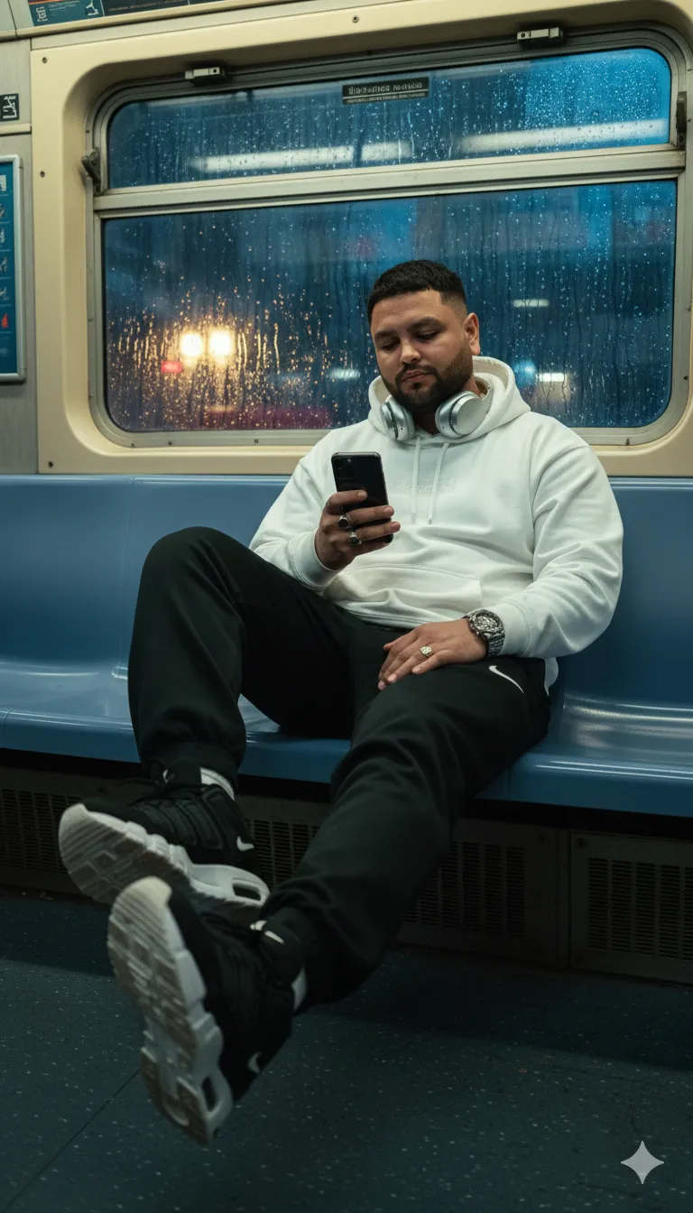 AI Prompt 225 Hyper-realistic low-angle subway portrait-young man in oversized