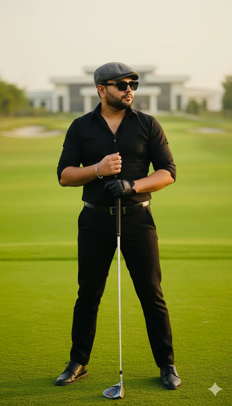 AI Prompt 235 Ultra-realistic 3:4 cinematic fashion portrait of a stylish young man standing on a luxury golf course