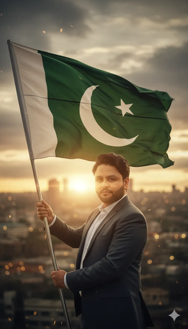 AI Prompt 236 A stylish young man stands proudly, holding a large Pakistan Tehreek-e-Insaf
