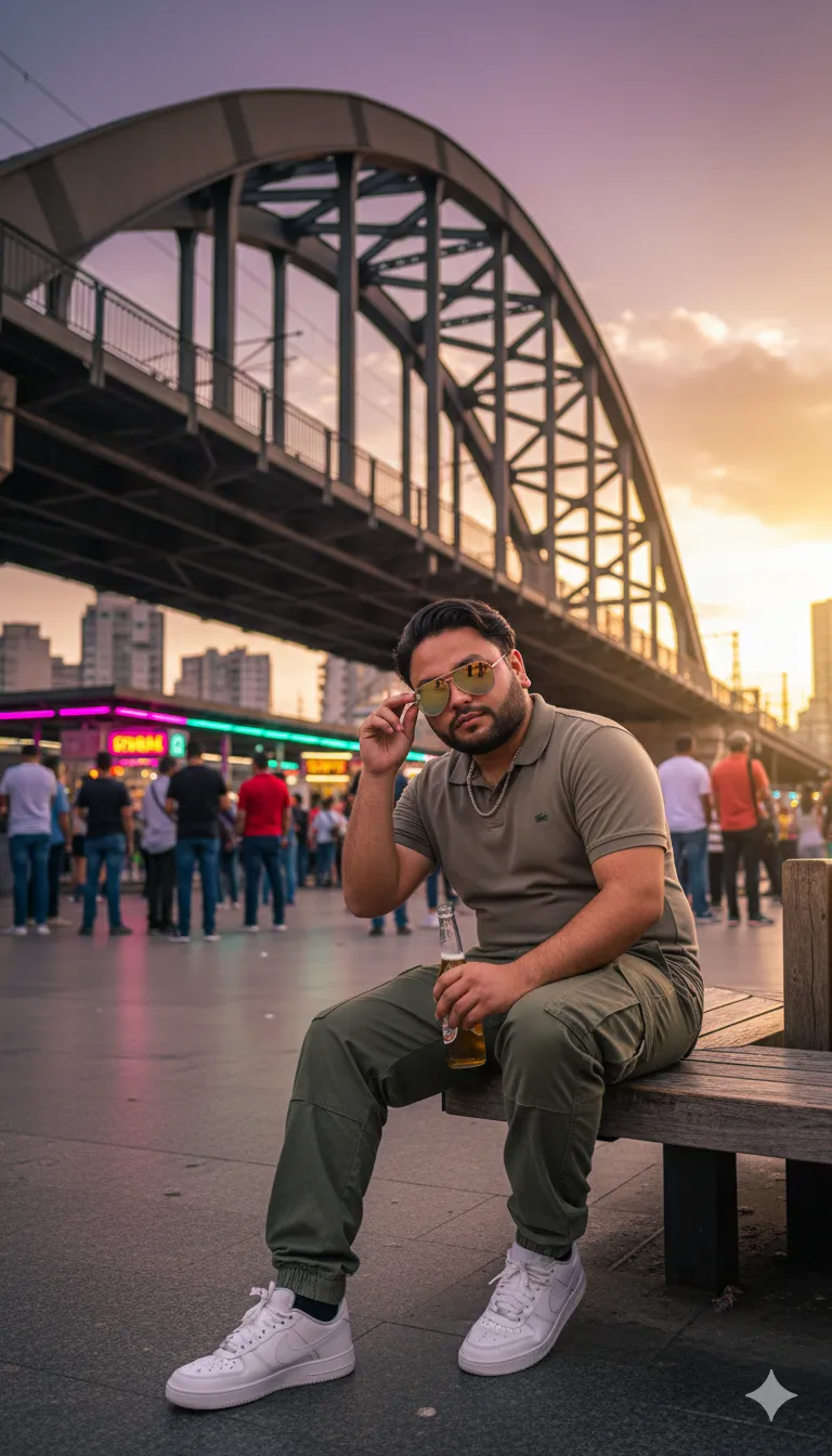 AI Prompt 237 Golden hour, cinematic realism. A stylish man with the same face