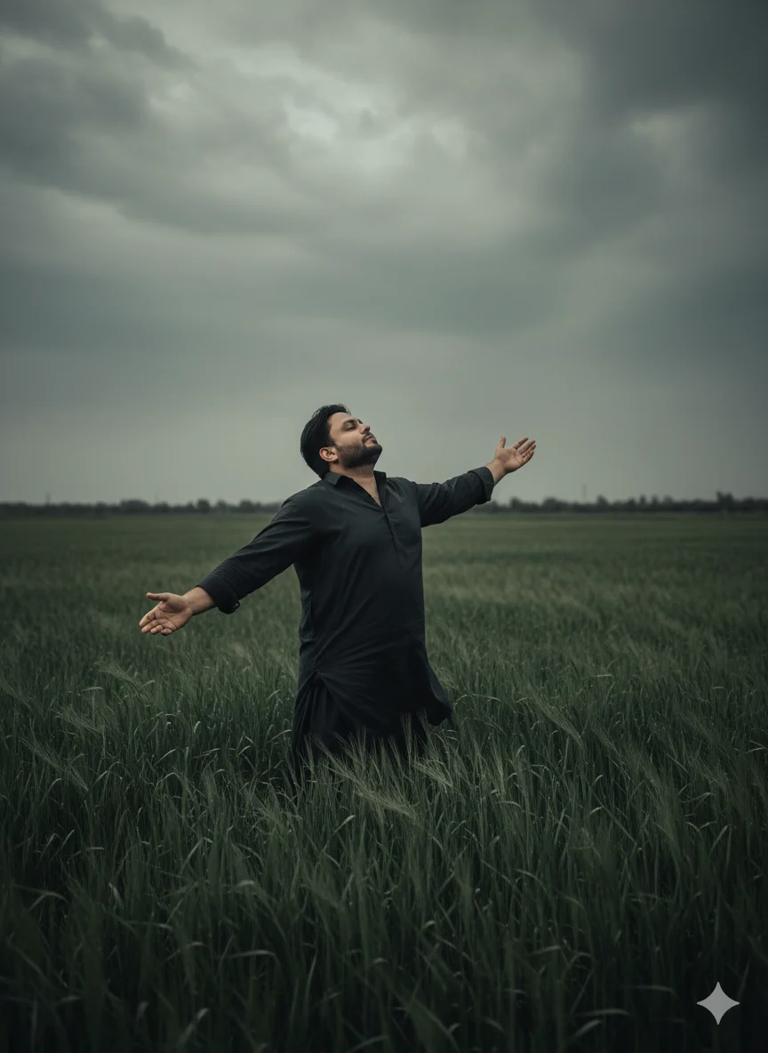 AI Prompt 24 A cinematic moody photograph of me standing in a iush green field