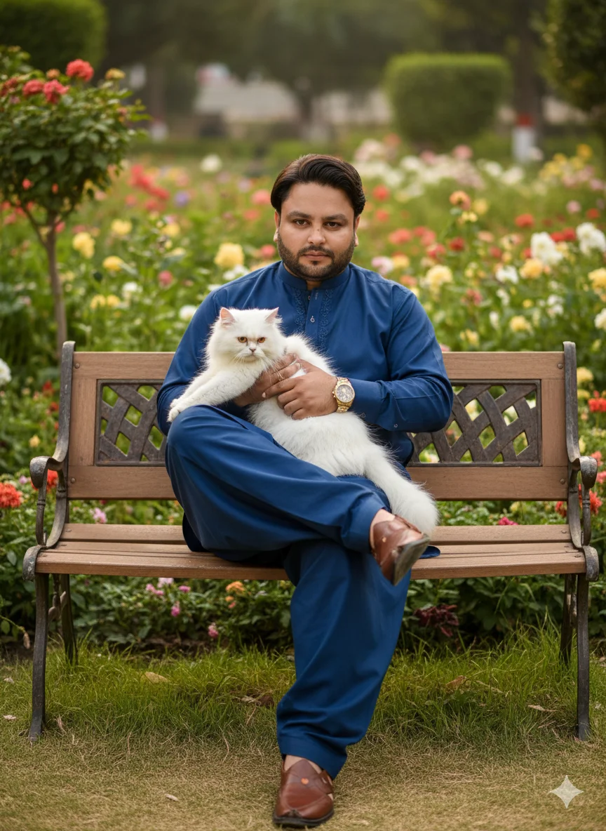 AI Prompt 25 person is sitting on a bench in garden having White cat having fur in his hands