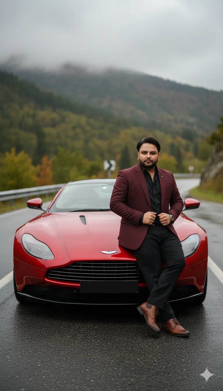 AI Prompt 256 A hyper-realistic cinematic portrait of the same young man confidently sitting in a luxurious