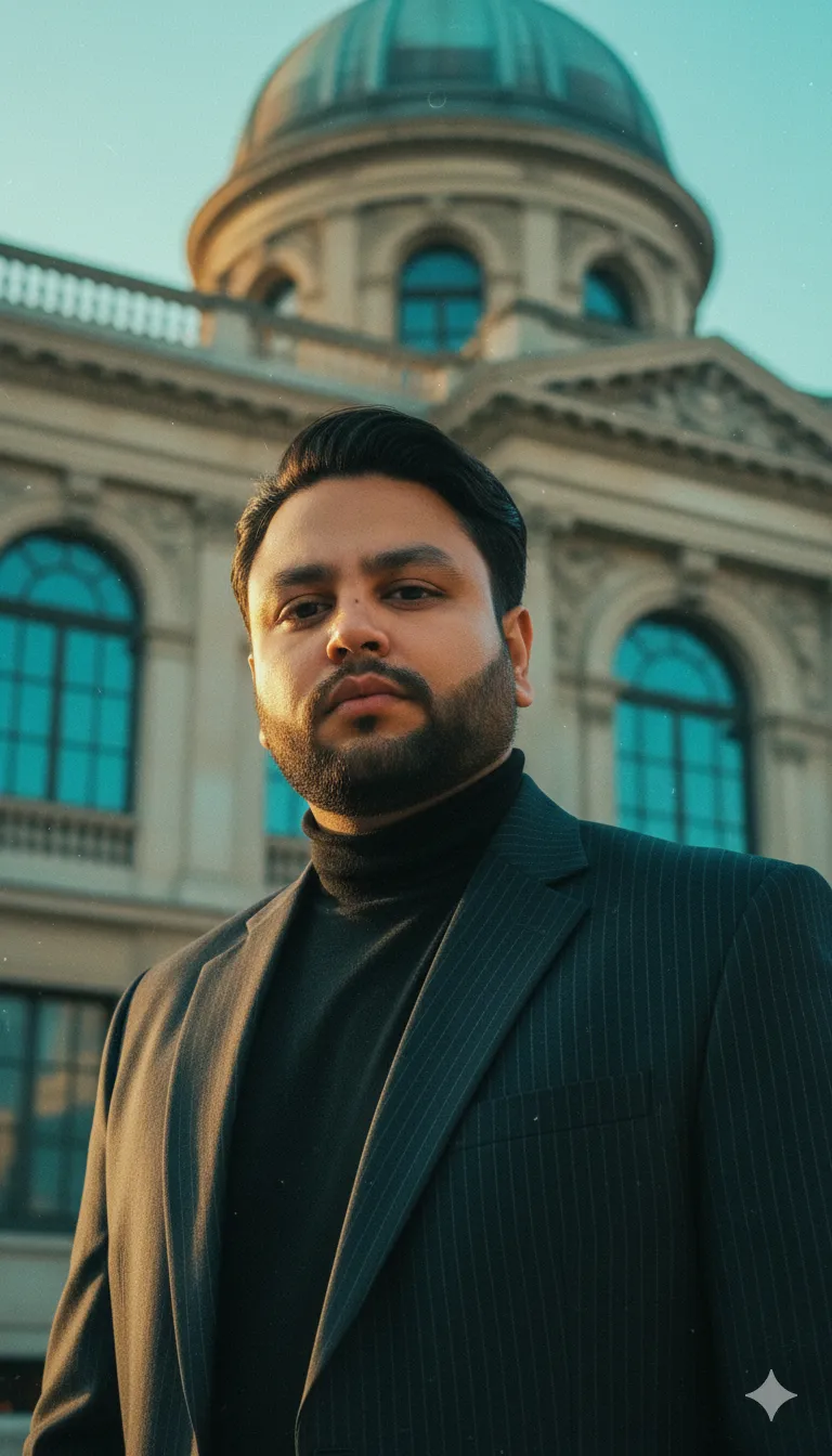 AI Prompt 269 designer black leather jacket, dark slim-fit trousers, luxury sneakers.