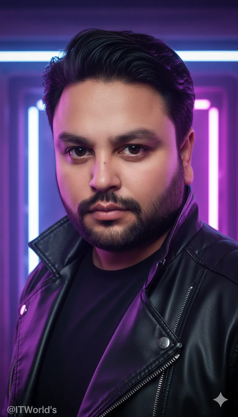 AI Prompt 277 standing against a neon purple-lit background