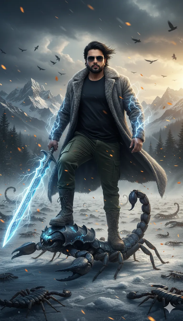 AI Prompt 288 He plants one leg firmly on the back of a colossal armored scorpion