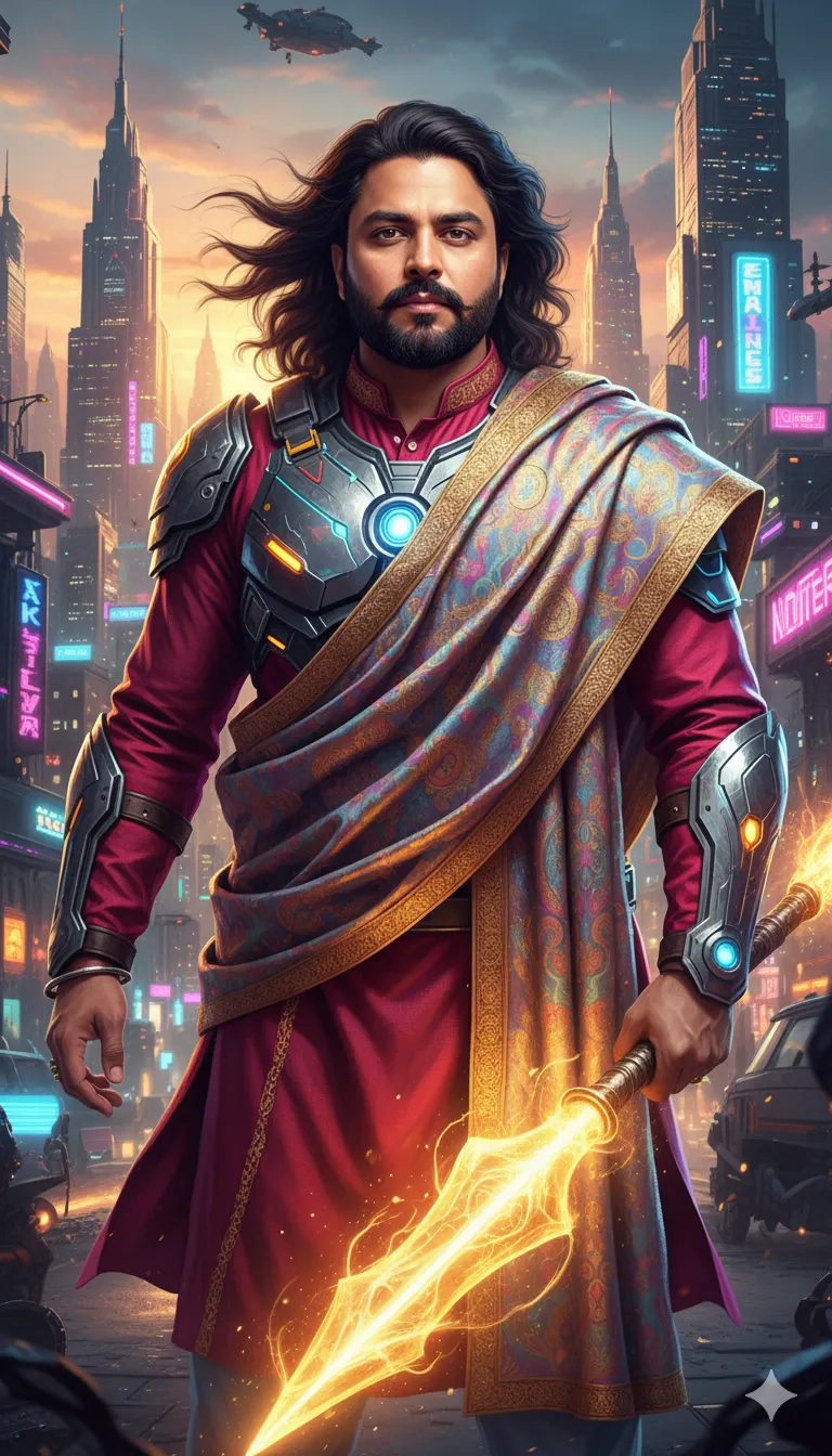 AI Prompt 293 He holds a traditional staff reimagined as a high-tech glowing spear of light