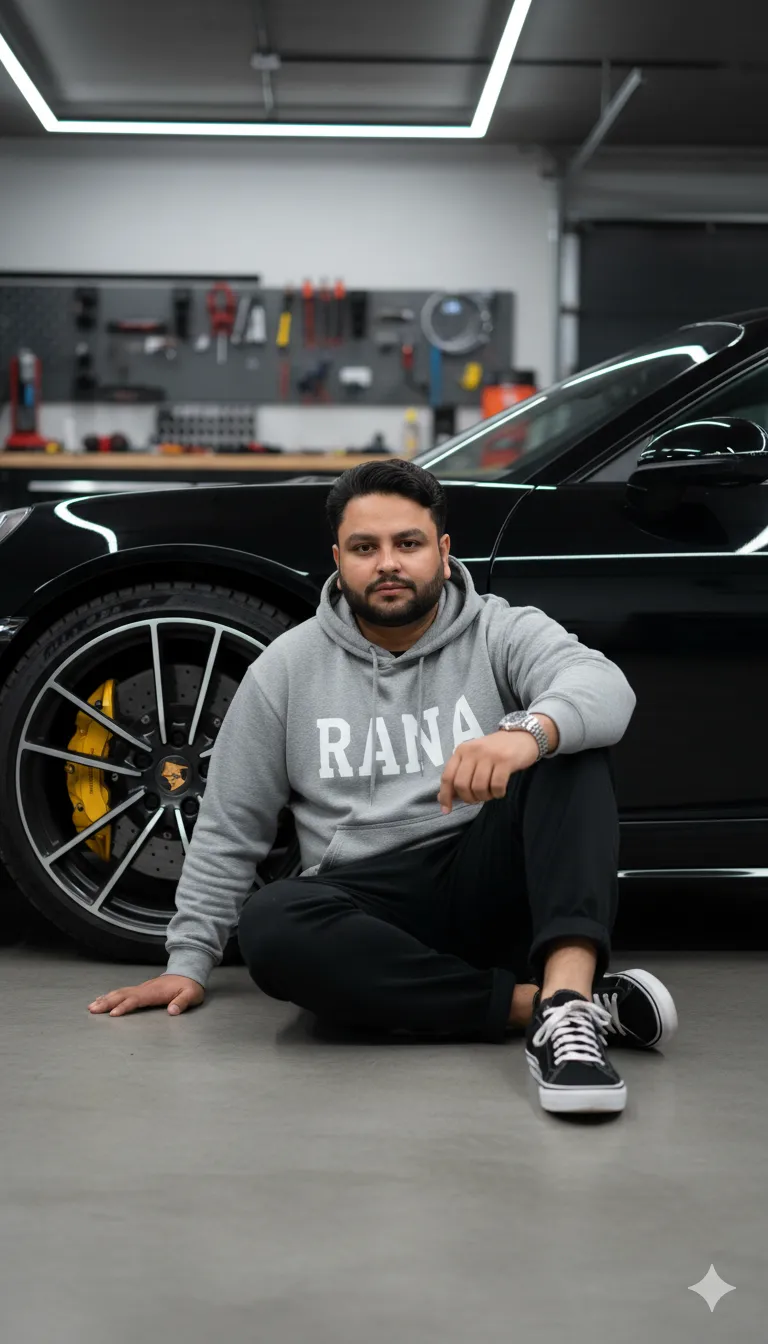 AI Prompt 300 A stylish young man sitting casually on the Floor in front of a sleek black Porsche