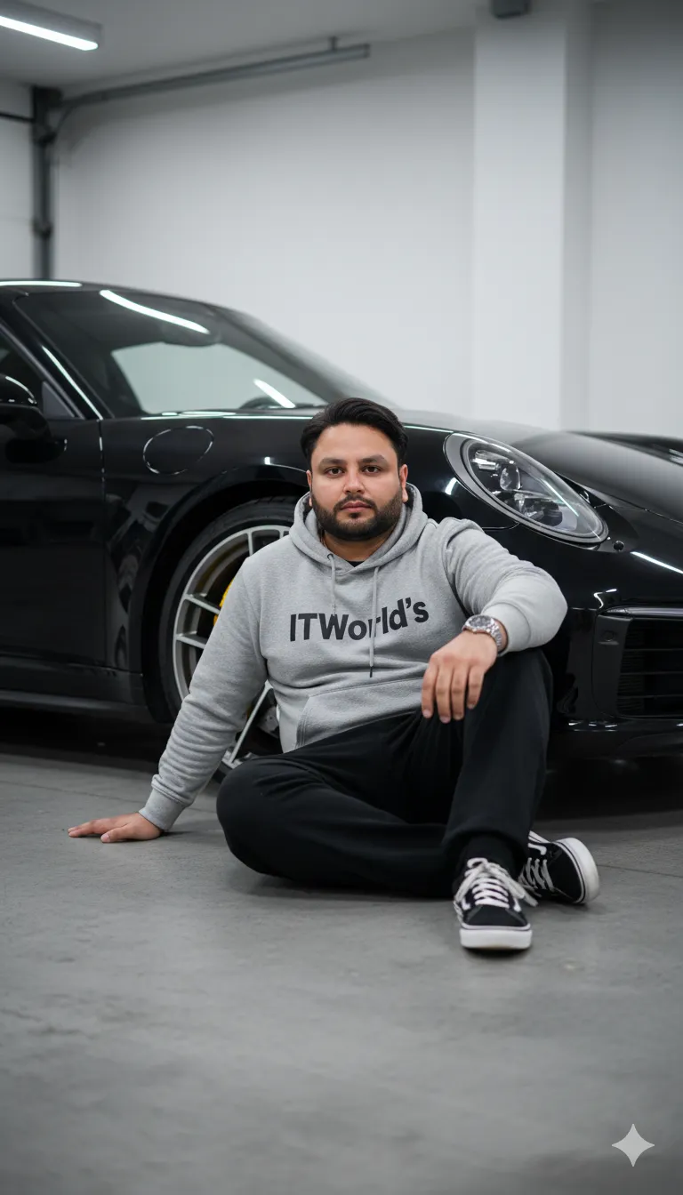 AI Prompt 303 A stylish young man sitting casually on the floor in front of a sleek black Porsche sport