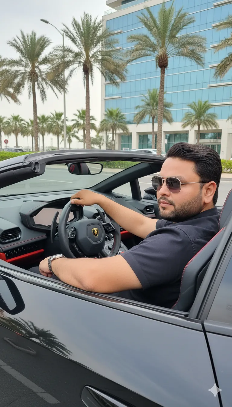 AI Prompt 306 Ultra-realistic photograph of a man, driving a black Lamborghini convertible.