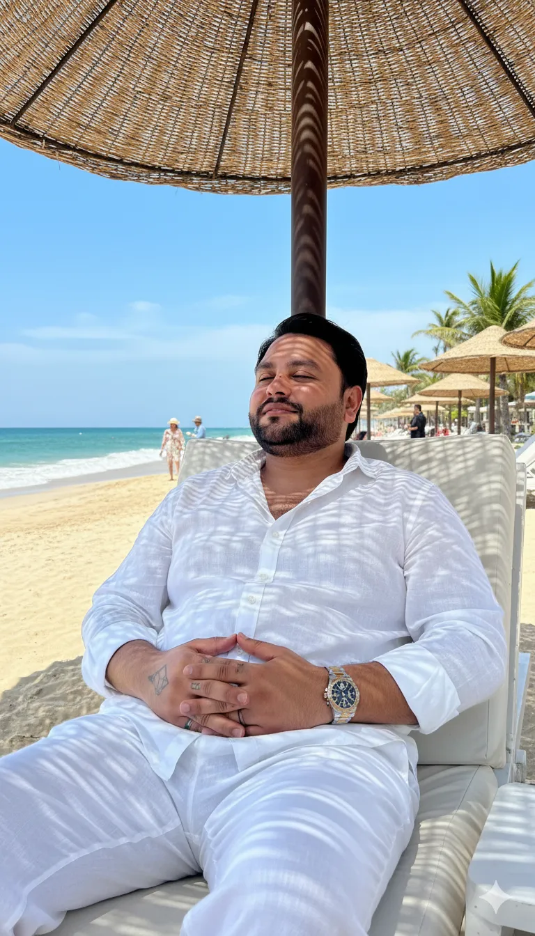 AI Prompt 310 A stylish man relaxing on a white lounge chair under a woven sunshade